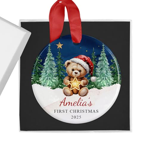 Personalised Starry Night Bear First Christmas Bauble with Box