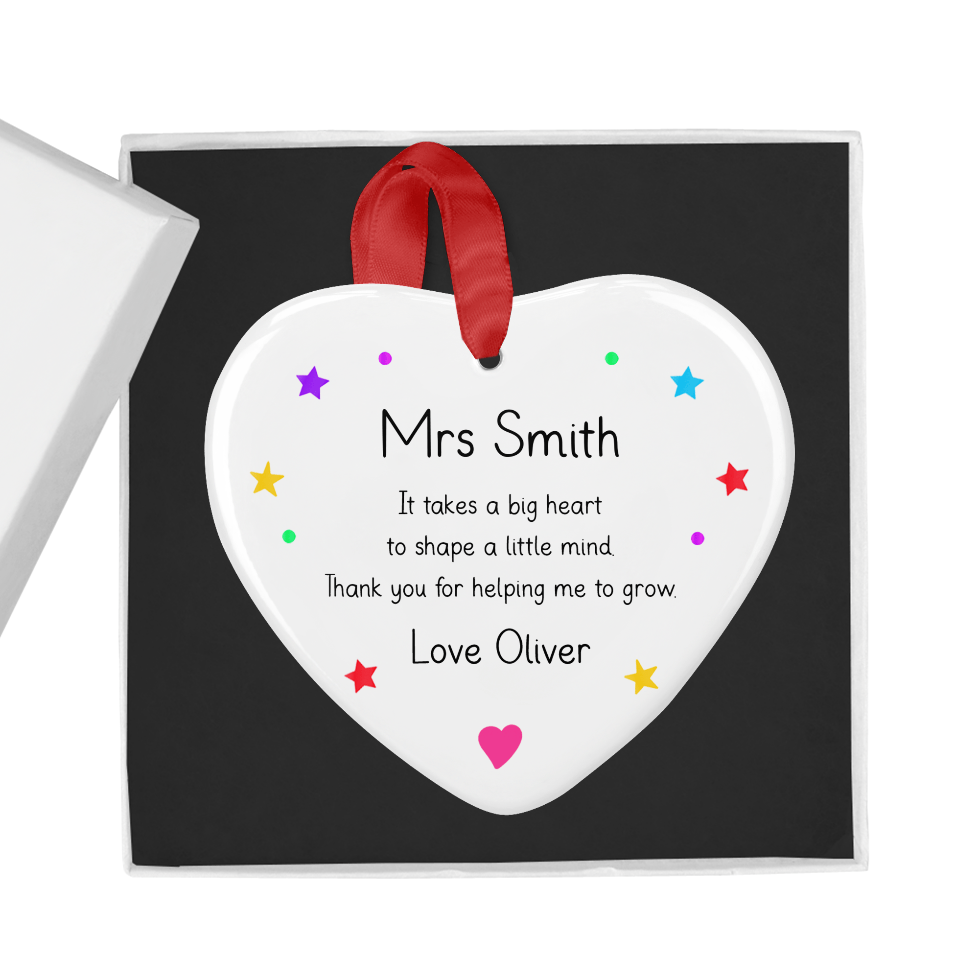 Personalised Teacher Christmas Ornament – Heart - Shaped Ceramic Gift with Box - Chicken Craft Ltd