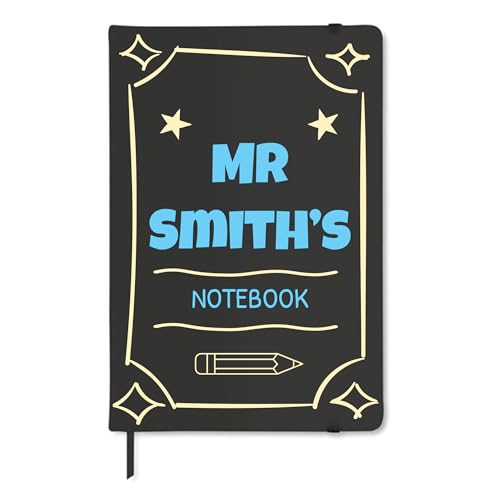 Black A5 male teacher notebook with pencil frame design and custom name