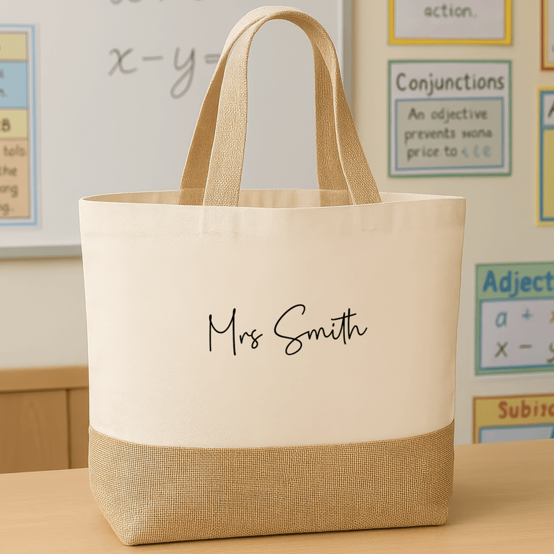 Personalised teacher jute bag with printed teacher name