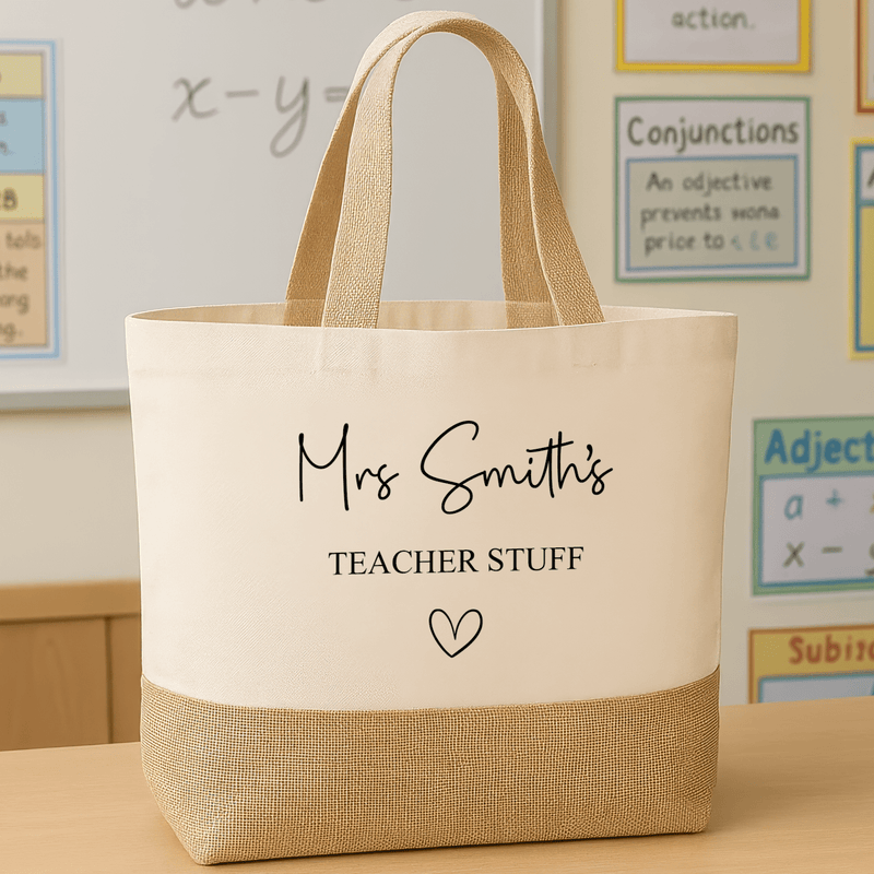 Personalised teacher stuff jute bag with printed teacher name