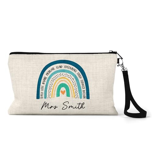 Teal motivational rainbow teacher pencil case with custom name.