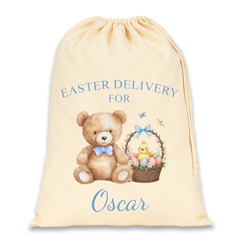 Blue teddy bear and basket Easter gift bag with name