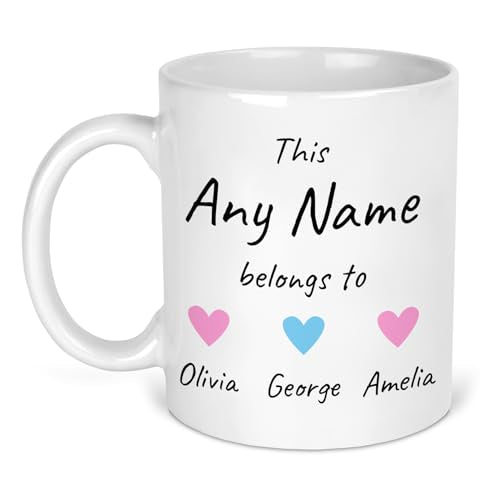 Personalised This Belongs To white ceramic mug with names and hearts.