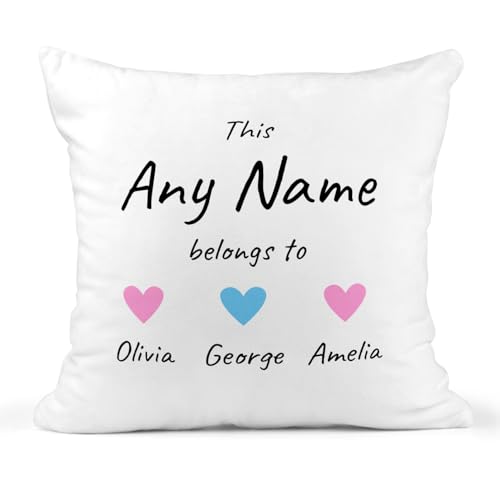 White This Belongs To family heart cushion with custom names