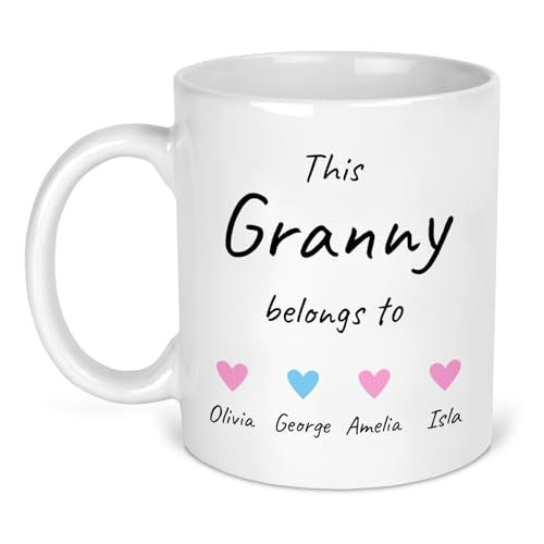 Personalised This Granny Belongs To white ceramic mug with names and hearts.