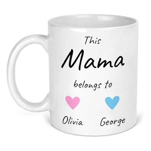 Personalised This Mama Belongs To white ceramic mug with names and hearts.