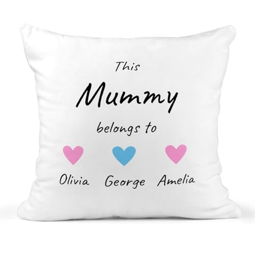 White This Mummy Belongs To cushion with children's heart names