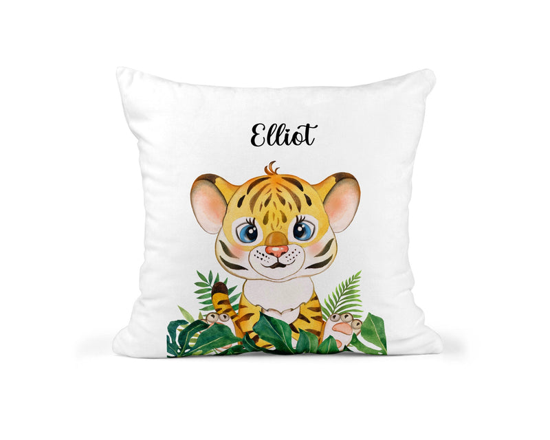Personalised Tiger Cushion with Name showing tiger artwork with a lively animal theme front view