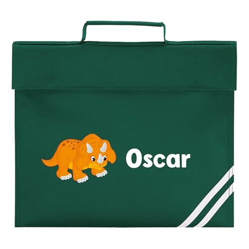 Green school book bag with triceratops dinosaur and personalised name.