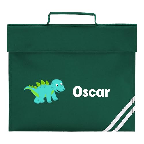 Green school book bag with turquoise dinosaur and personalised name.