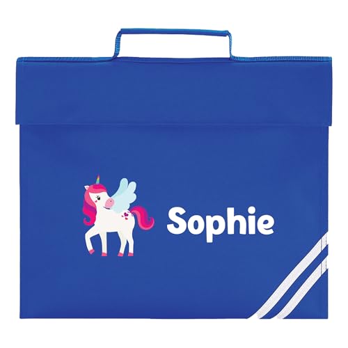 Blue Unicorn Blue school book bag with winged unicorn, hearts and personalised name