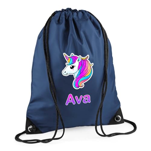 Personalised Unicorn Navy with Name Drawstring Bag for Back to School