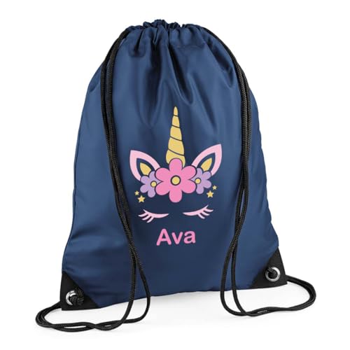 Personalised Unicorn Navy with Name Drawstring Bag for Back to School