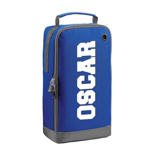 Blue kids boot bag with vertical block name design