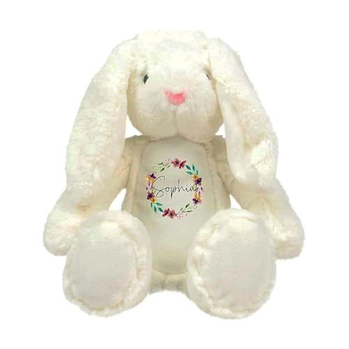 Personalised White Bunny Soft Toy with Name - Floral Wreath