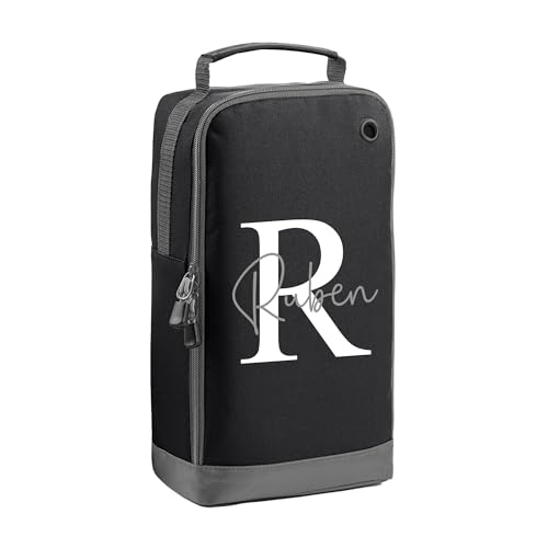 Black kids boot bag with white initial design
