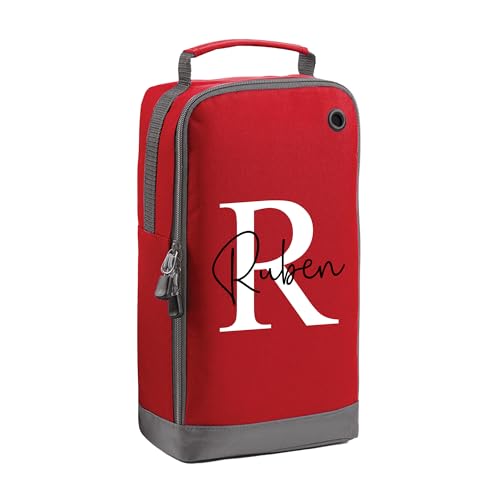Red kids boot bag with white initial design