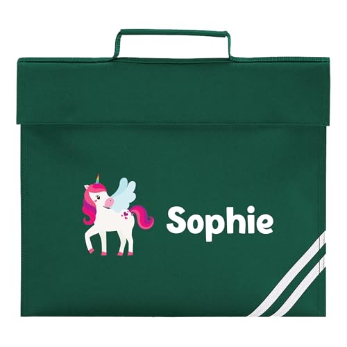 Dark green Winged Unicorn and Hearts school book bag with large white personalised name