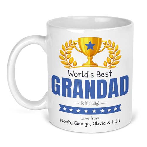 Worlds Best Grandad ceramic mug with gold trophy and personalised names