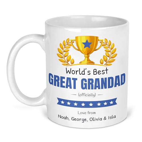 Worlds Best Great Grandad ceramic mug with gold trophy and personalised names