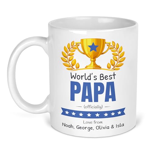 Worlds Best Papa ceramic mug with gold trophy and personalised names
