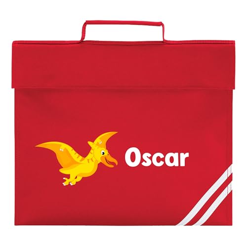 Personalised yellow flying dinosaur school book bag with name.