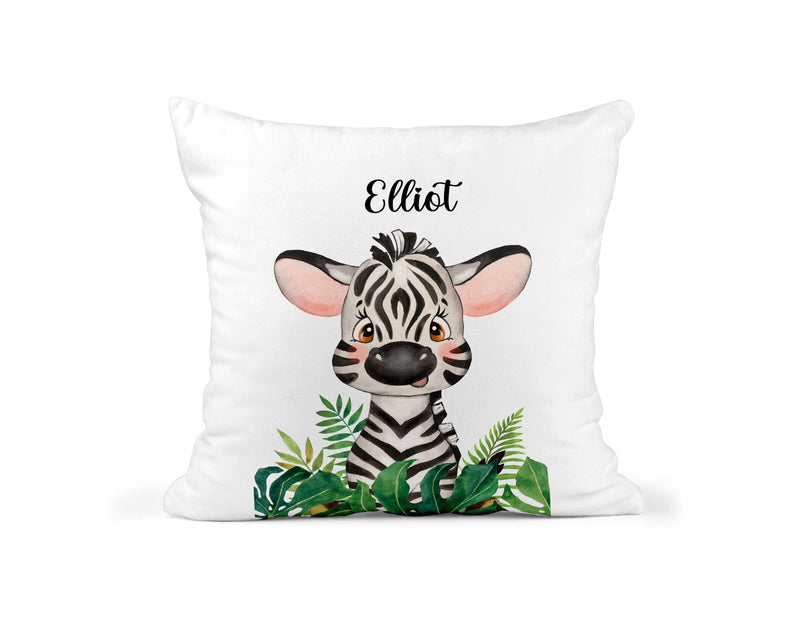 Personalised Zebra Cushion with Name showing zebra artwork with a safari feel front view