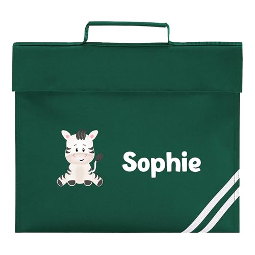 Green school book bag with zebra graphic and personalised name.