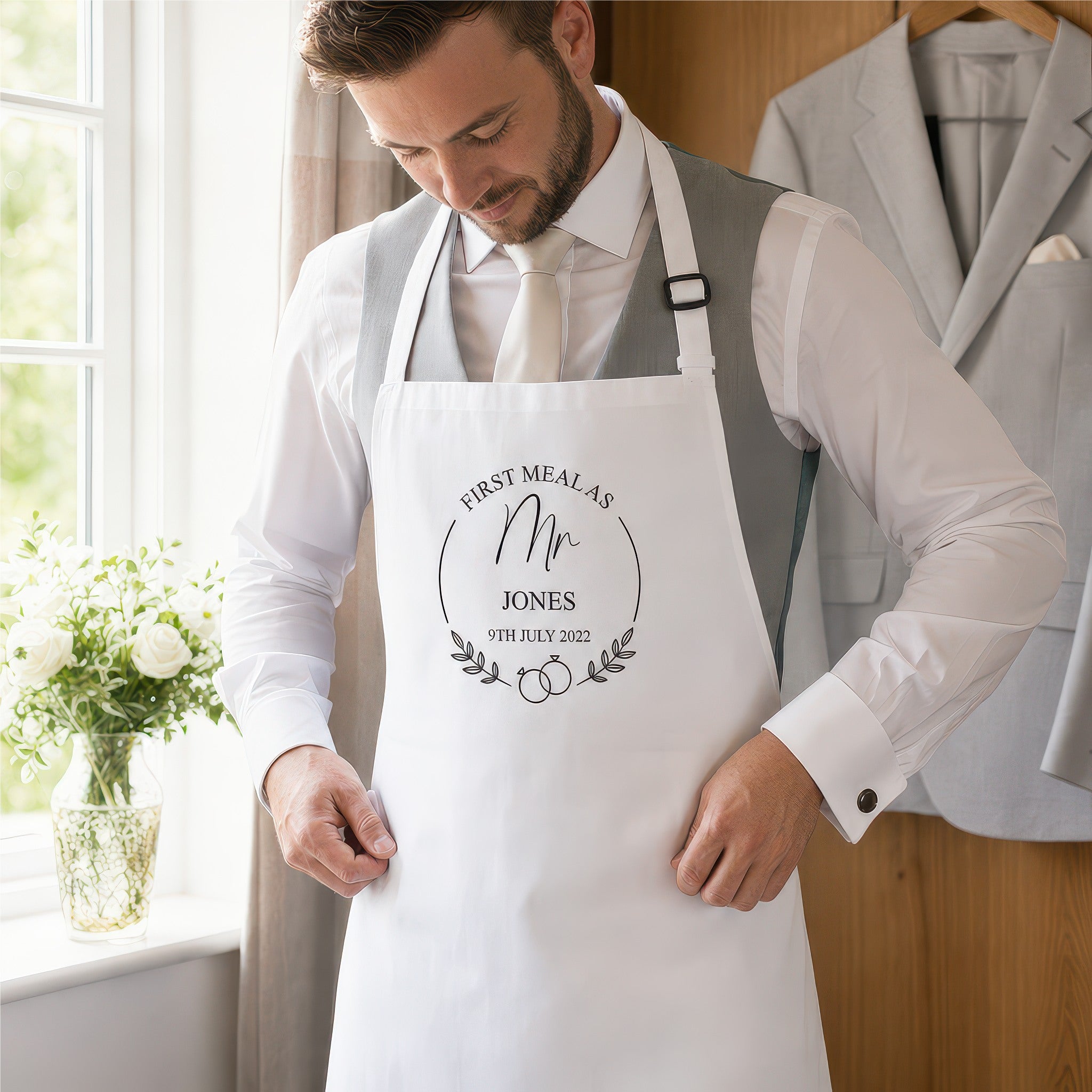 Personalised Mr wedding dress protector apron lifestyle photo, First Meal framed design