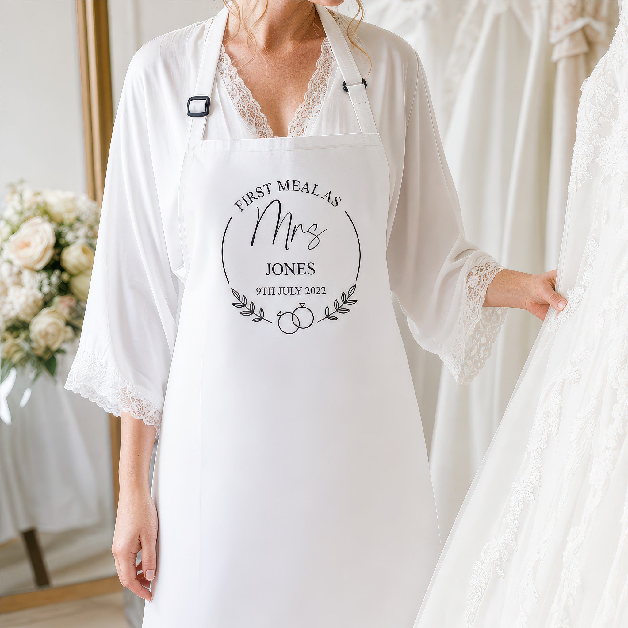 Personalised Mrs wedding dress protector apron lifestyle photo, First Meal framed design