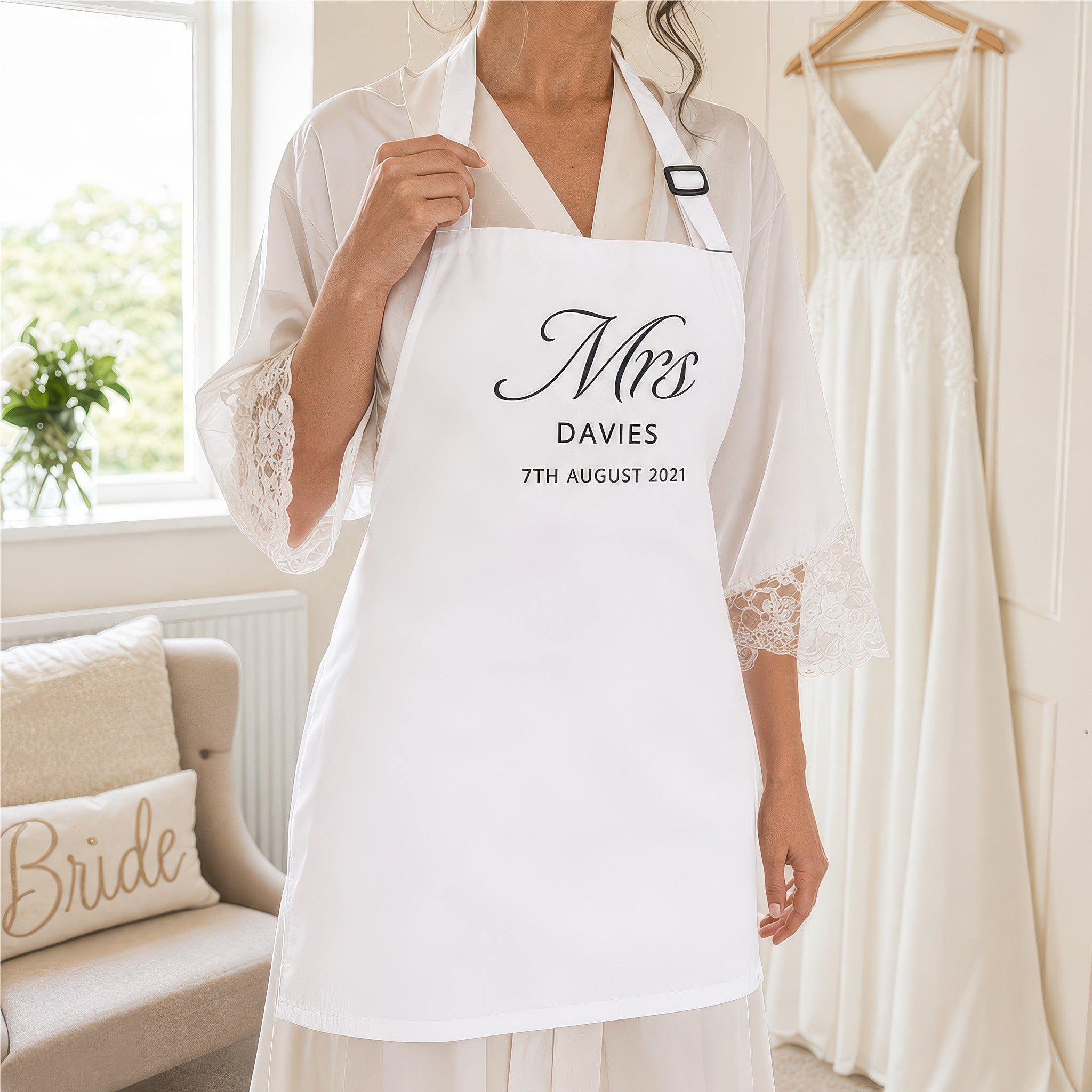 Personalised Mrs wedding dress protector apron lifestyle photo, wedding cover up design
