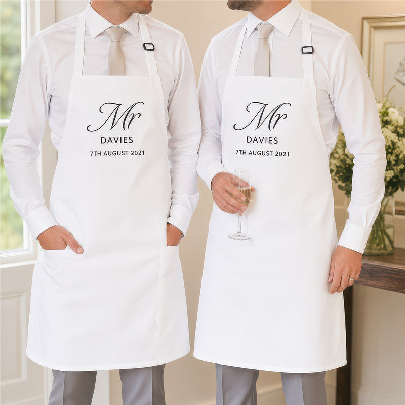 Personalised Mr and Mr wedding apron set lifestyle photo, wedding cover up design