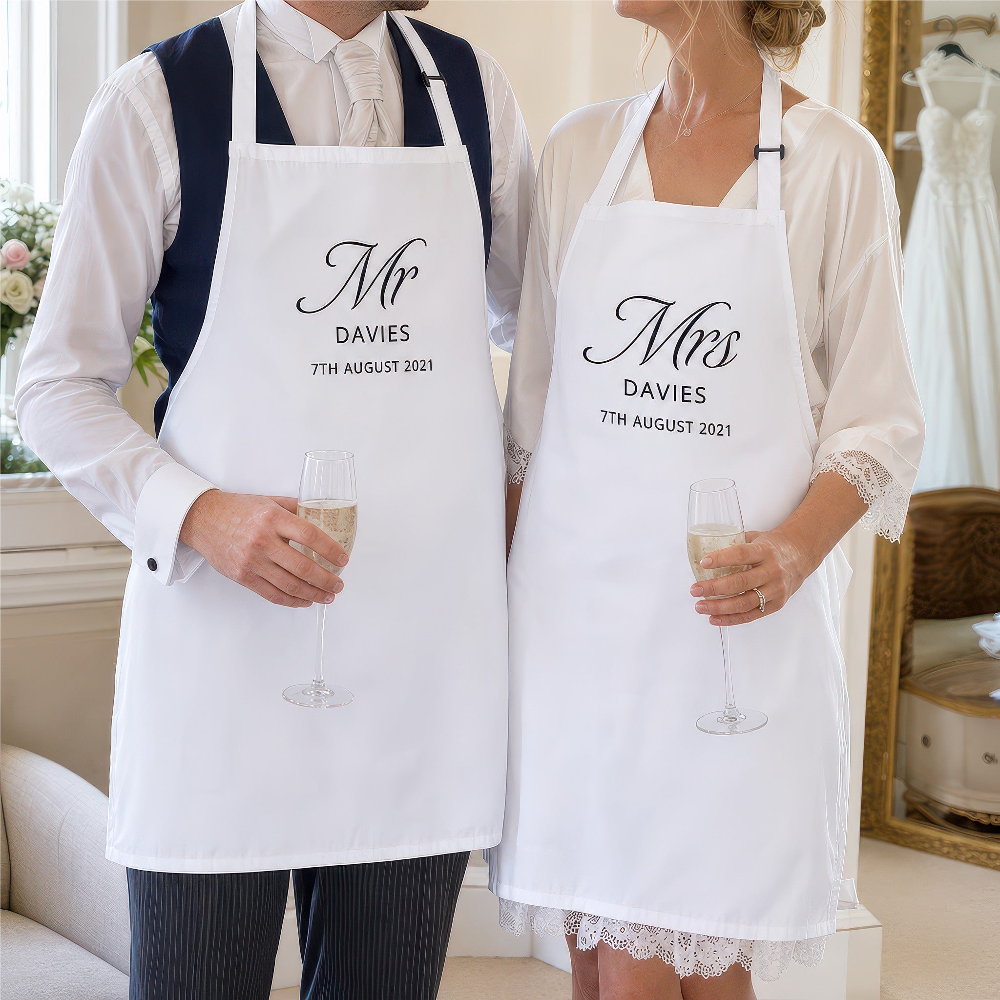 Personalised Mr and Mrs wedding apron set lifestyle photo, wedding cover up design