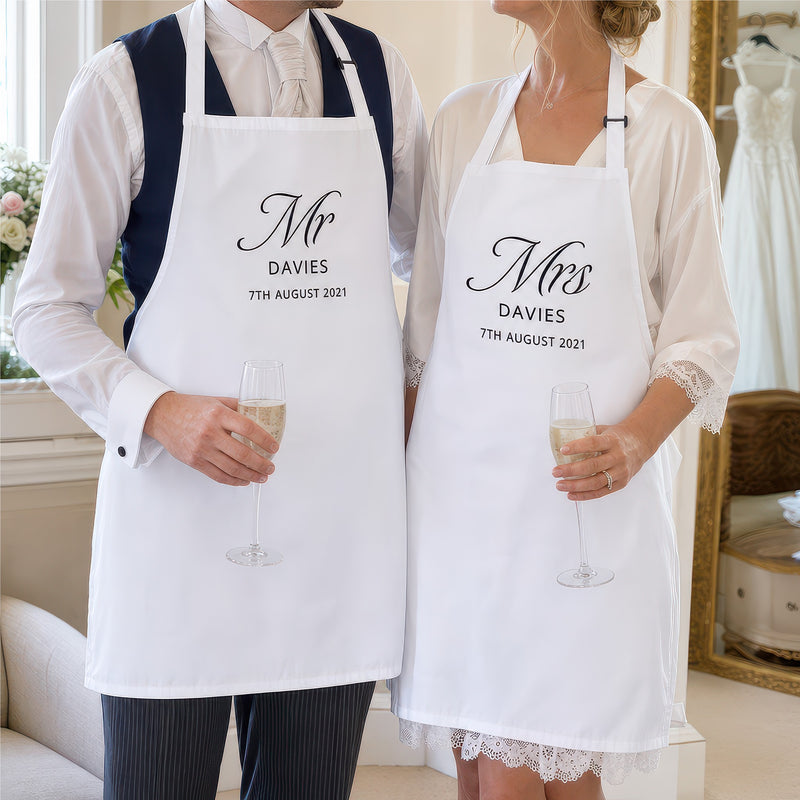 Personalised Mr and Mrs wedding apron set lifestyle photo, wedding cover up design