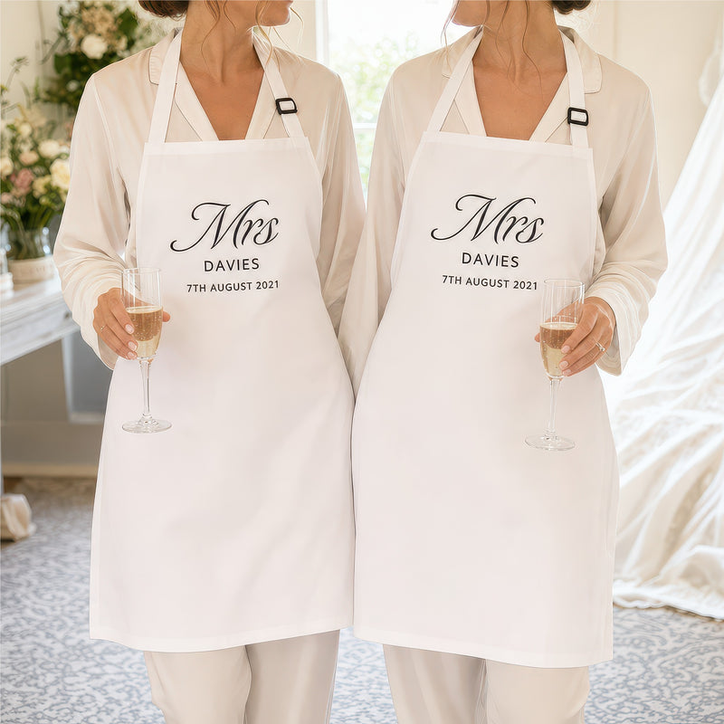 Personalised Mrs and Mrs wedding apron set lifestyle photo, wedding cover up design