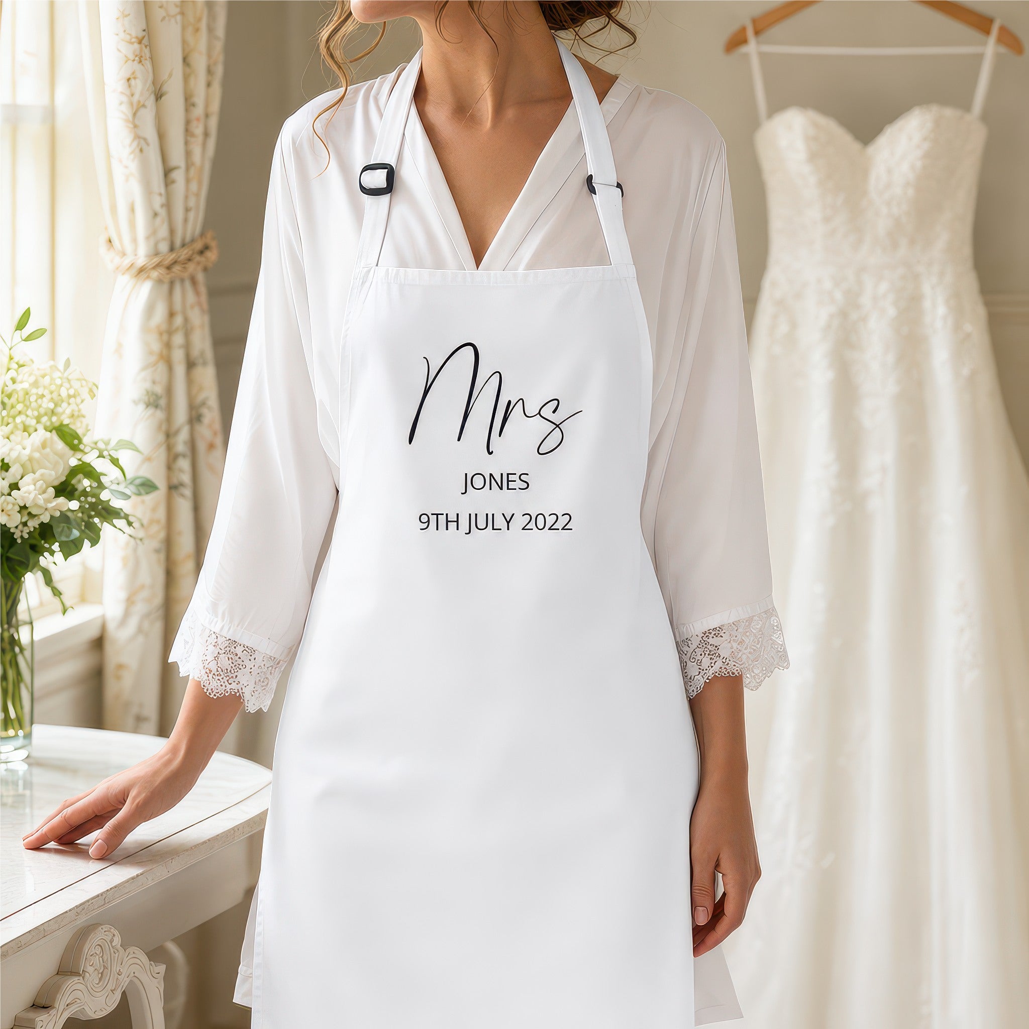 Personalised Mrs wedding dress protector apron lifestyle photo, Mr and Mrs design