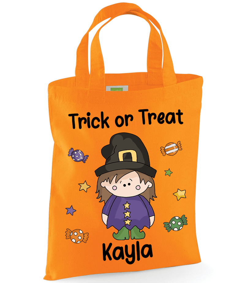 Personalised Orange Witch Trick or Treat Tote Bag