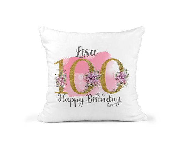 Personalised 100th Birthday Cushion, Pink Floral Design