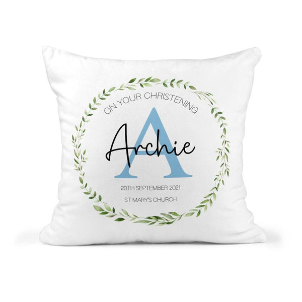 Personalised Christening Cushion - Blue Initial
