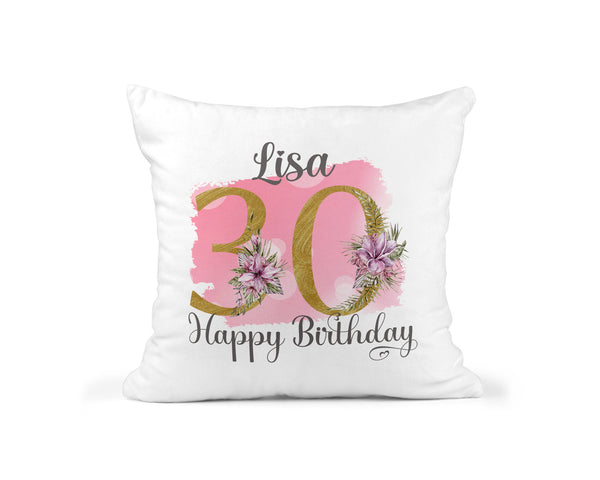 Personalised 30th Birthday Cushion, Pink Floral Design