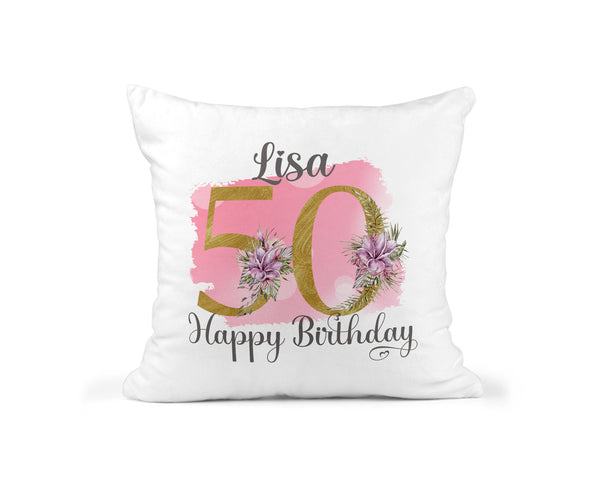 Personalised 50th Birthday Cushion, Pink Floral Design