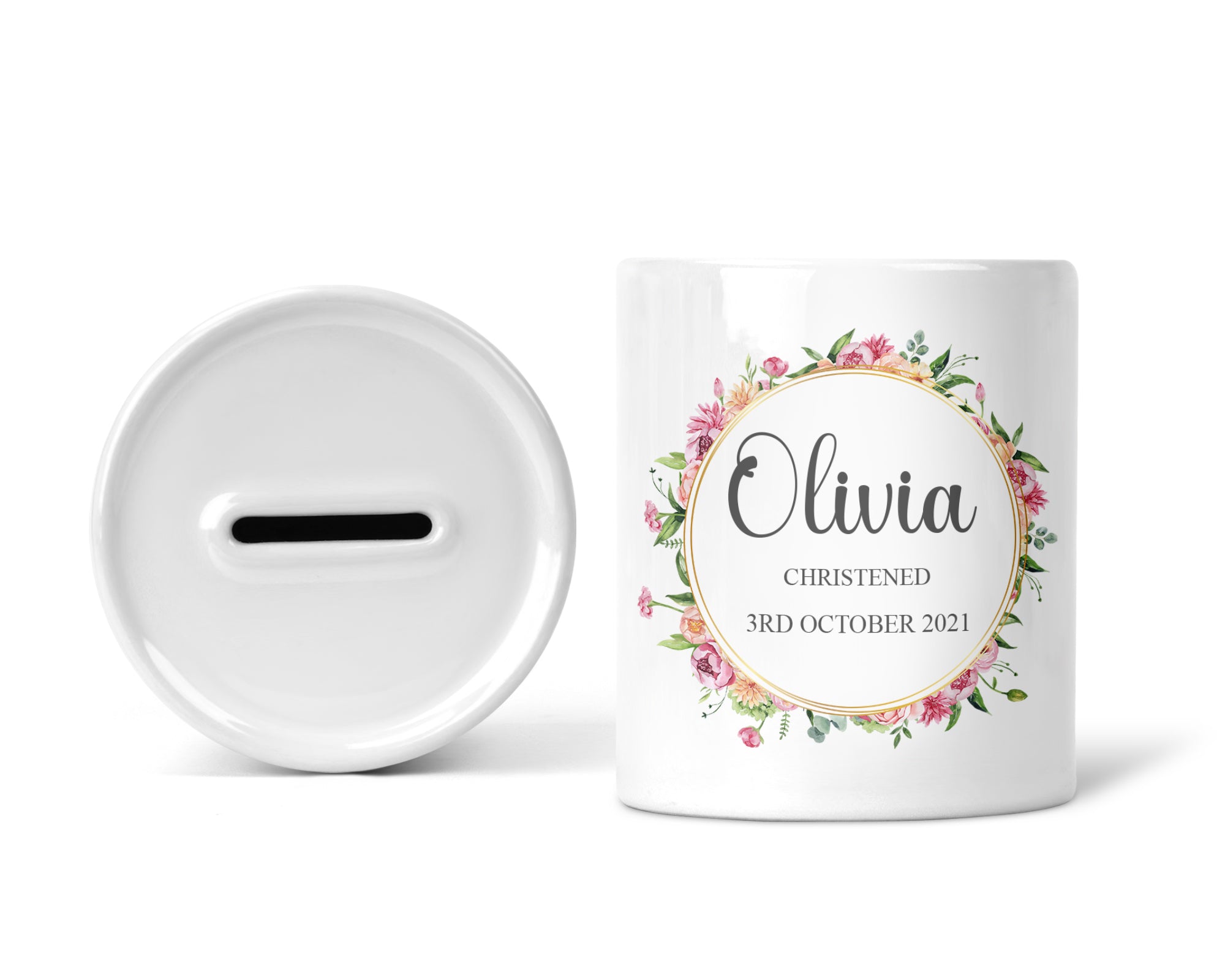 Personalised Christening Money Box, Gold Floral, Girls