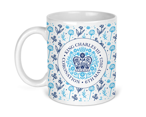 Coronation Mug with Official Emblem - Floral Design - King Charles III