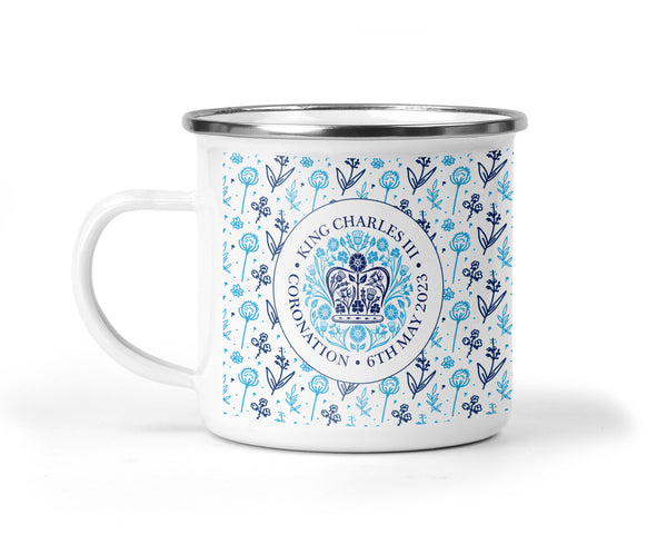 Coronation Enamel Mug with Official Emblem - Floral Design - King Charles III
