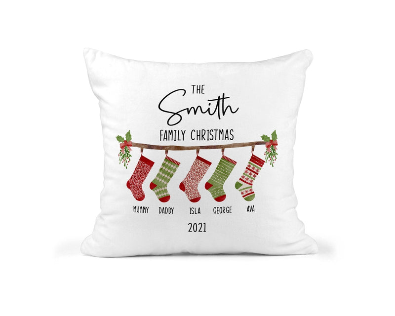Personalised Family Christmas Stocking Cushion showing a Christmas design front view