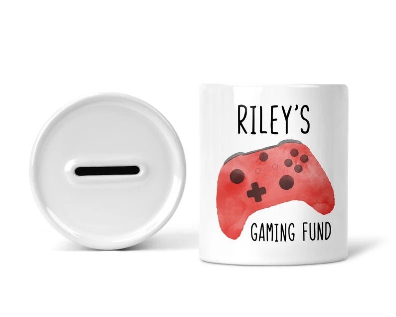 Personalised Red Controller Gaming Money Box shown as a ceramic keepsake