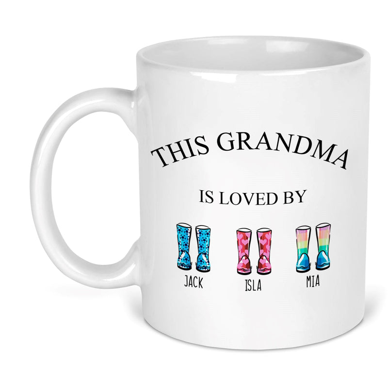 Personalised Grandma Wellington Boots Mug shown with printed design
