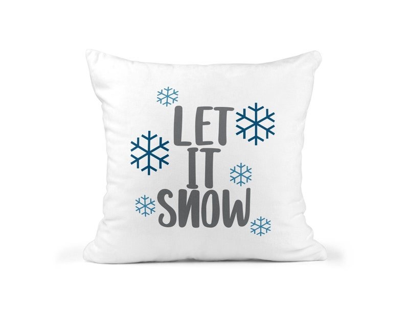 Let It Snow Blue Christmas Cushion showing a new home design front view