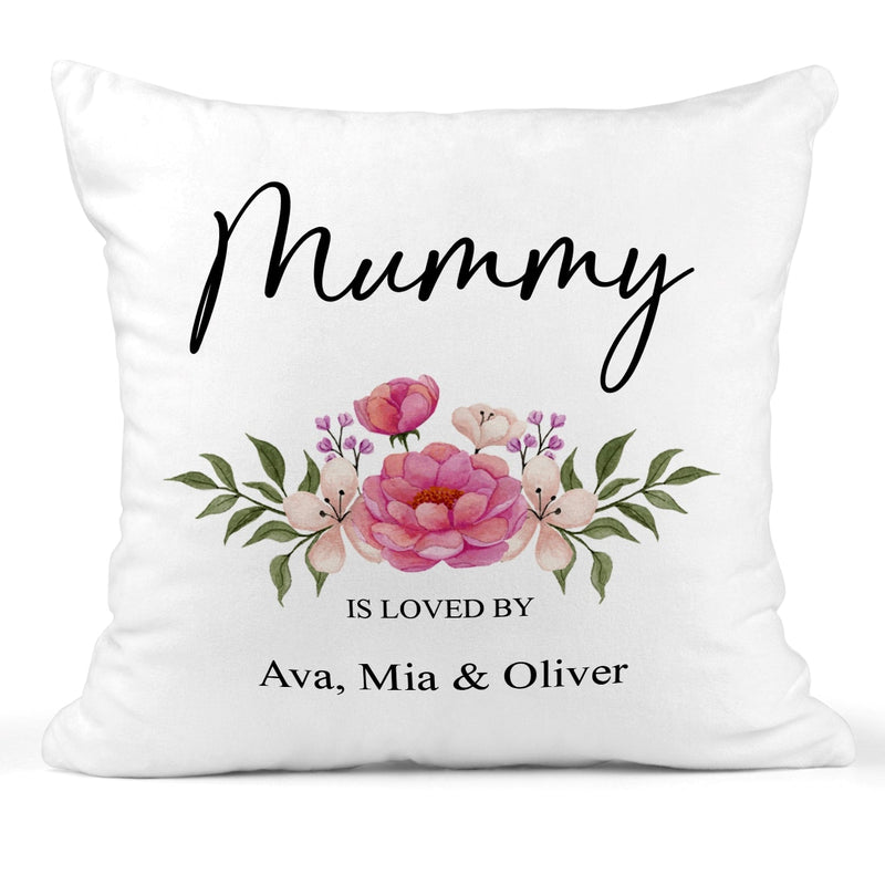 Personalised Mummy Is Loved by Cushion showing the visible cushion artwork front view